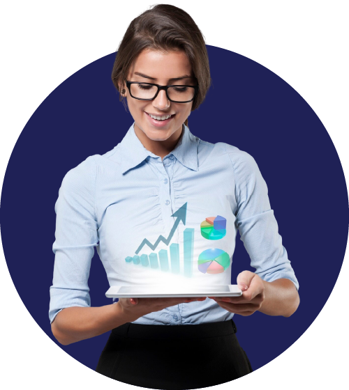 Mujer viendo estaditicas en 3d en circulo azul